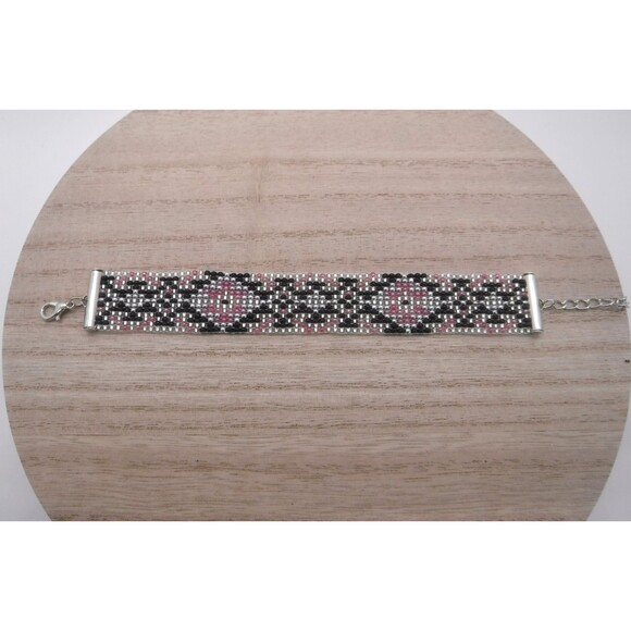 Loom Beaded Bracelet Black, Pink & Silver - Picture 3 of 5